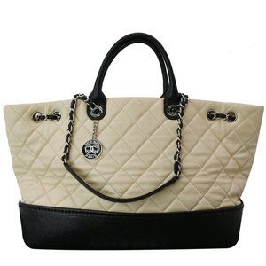 CHANEL  Drawstring Large Quilted Calfskin & Caviar Shopping Tote Bag Beige
